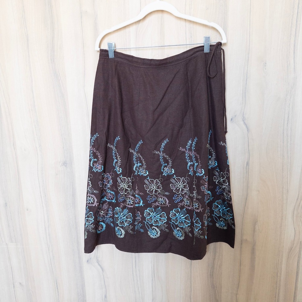 Vintage Linen Floral Skirt Size 10‎ Brown Embroidered Cottage Coastal Boho 90s